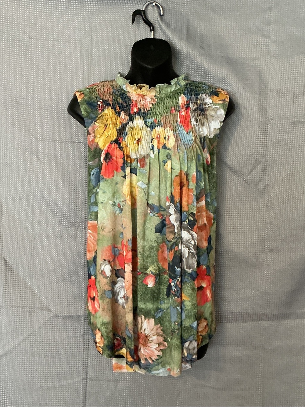 Deletta Olive Floral Smocked Sleeveless Sundress with Multicolor Blooms
